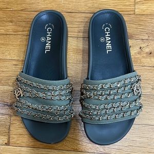 Chanel Army Green Charm Slides